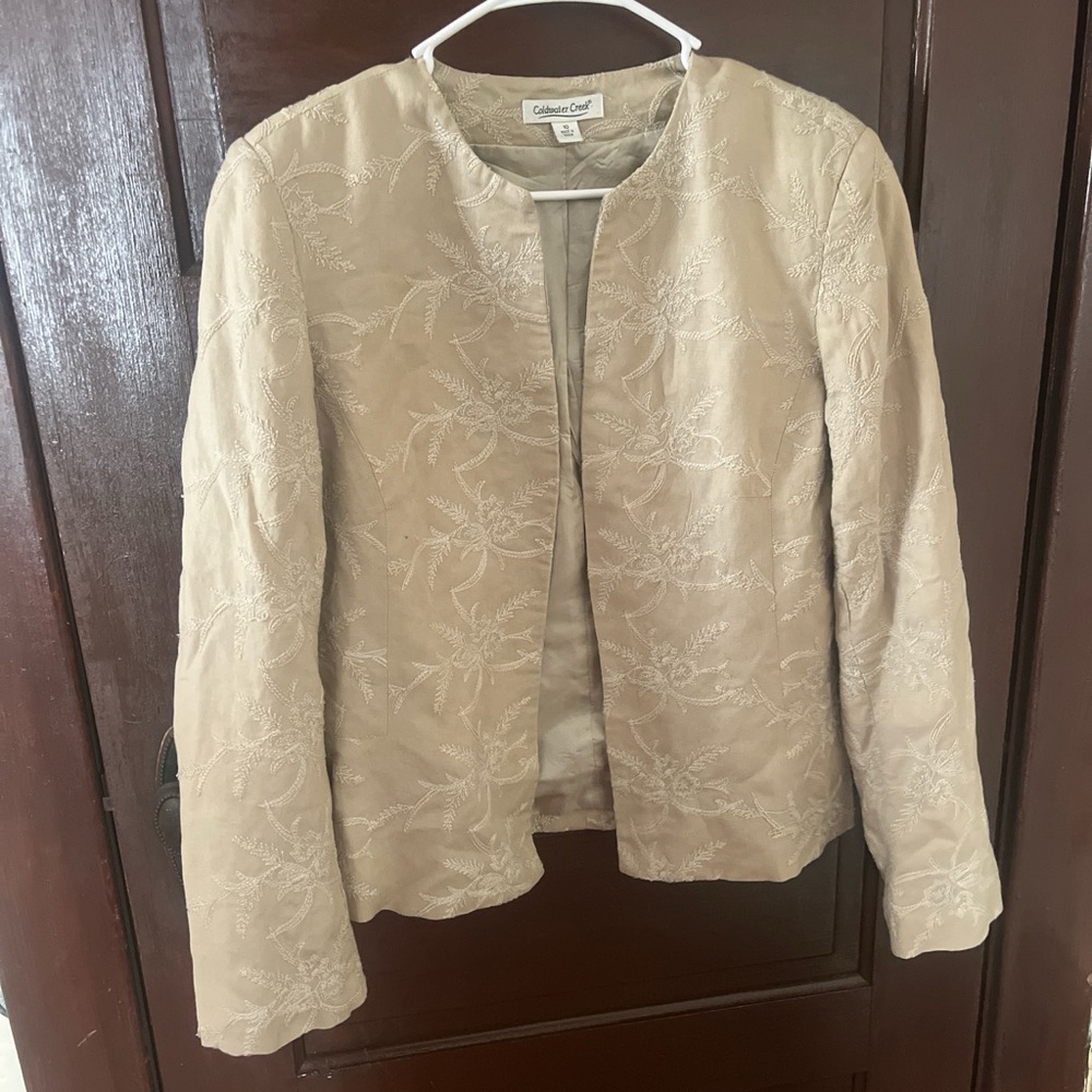 Coldwater Creek Beige Embroidered Open-Front Jacket